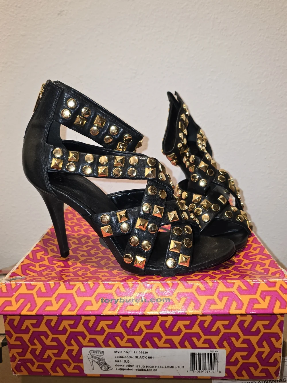 Tory Burch Black Leather Studded High Heel Sandals with Gold Accents